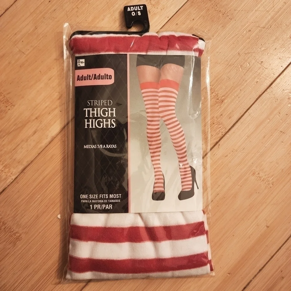 NWT Punk Goth Red White Stripe Thigh High Stockings OS Fits Most Candy Cane New